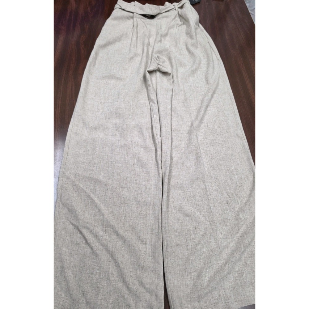 Primark Womens Linen Blend Wide Leg Pants Beige Tie Waist High Rise Size 6
